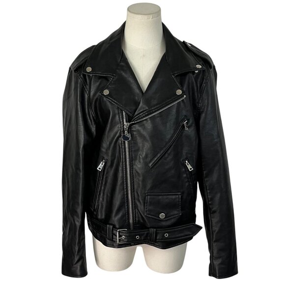 Hello Kitty Black Faux Leather Biker Jacket With Graphic Print & Belt Sz S - Picture 2 of 12